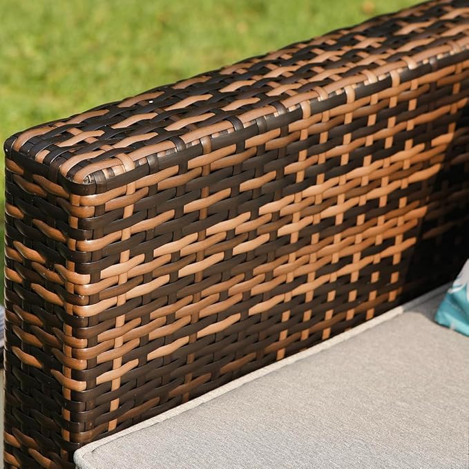COSIEST All-Weather Patio Chair, Single Brown Wicker Chair with Thick Gray Cushions & Teal Pillow, Outdoor Rocking Chair for Porch, Garden, Poolside