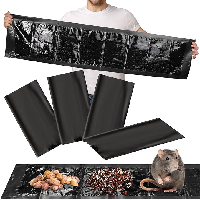 Qualirey 4 Pcs 47 Inch Ultra Large Sticky Mouse Glue Traps Sticky Rat Trap that Work for Rats Roaches Rodents Heavy Duty Pre Baited Mats Indoor Outdoor Catch Pest (Black)