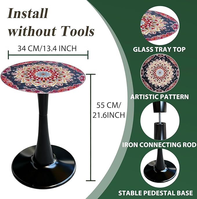 Simmer Stone 13.4" Outdoor Side Table, Round Patio Bistro Table Printed Tempered Glass Top, Waterproof Rust-Proof Base, Small Plant Stand for Balcony, Garden, Deck, 21.6" H (Ochre Color)
