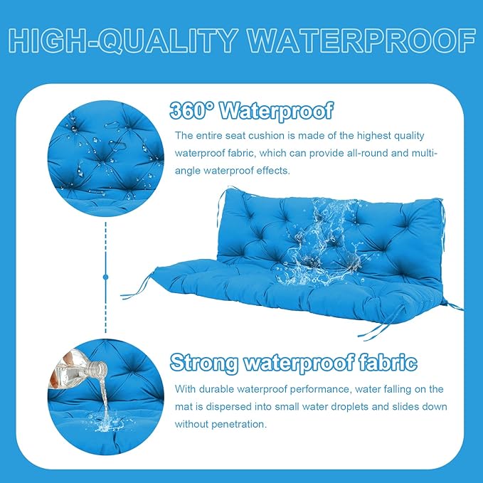 Outdoor Swing Cushions 3 Seater Waterproof Extra Thick 5 inch Porch Swing Cushions Outdoor 58 inch with Backrest & 8 Ties Not Easy to Fade Swing Cushion for Outdoor Furniture Patio Bench