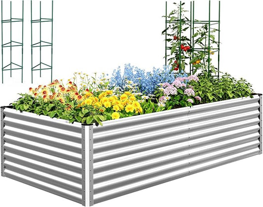 Quictent Galvanized Raised Garden Bed 8x4x2 Ft Tall Metal Planter Box for Vegetables Outdoor Bottomless for Backyard, 2 Tomato Cages Included, 22.04" Deep (Silver)