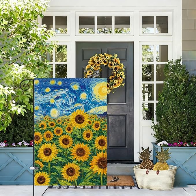 Baccessor Spring Summer Sunflowers Garden Flag 12.5x18 Inch Double Sided Burlap,Starry Night Flower Flag Yard Lawn Seasonal Farmhouse Outside Outdoor Decoration