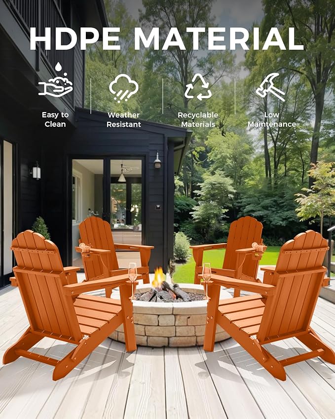 Adirondack Chairs Set of 2, HDPE Material Fire Pit Chairs, Plastic Adirondack Chairs with 2 Cup Holder, Outdoor Lawn Chair for Patio Garden, Orange