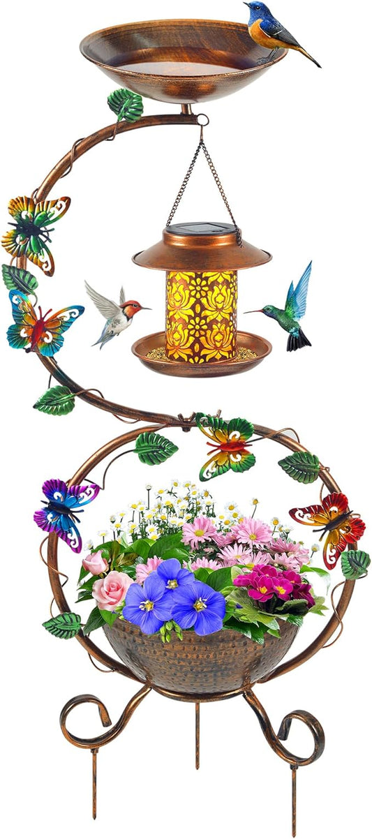 YYWMWM Metal Birdbath with Flower Planter Pedestal and Solar Bird Feeders Combo for Outdoor, Decorative Bird Bath with Butterfly for Garden Yard Outside