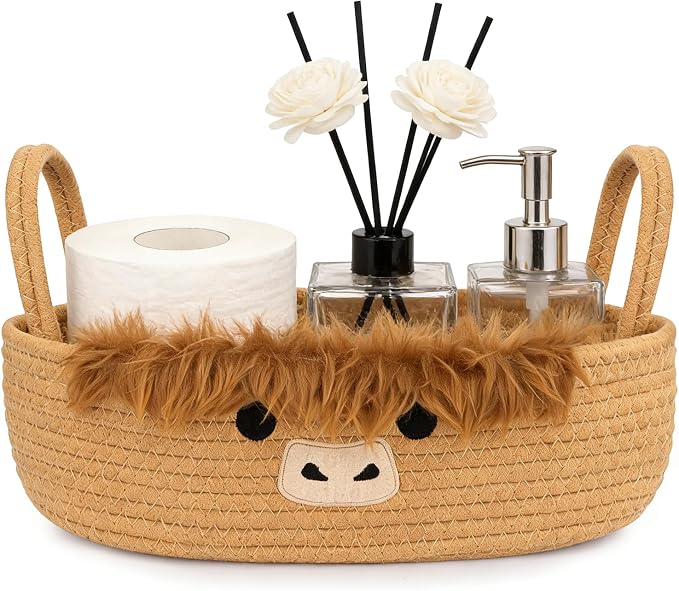 Toilet Highland Cute Cow Paper Basket–Oval Woven Bathroom Organizer