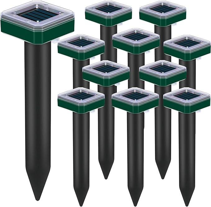 12 Pcs Tirgo Mole Repellent Solar Powered for Lawns Snake Repellent for Yard Gopher Groundhog Vole Repellent Trap Ultrasonic Outdoor Waterproof Chipmunk Rodent Burrowing Animals Deterrent Stake (12)