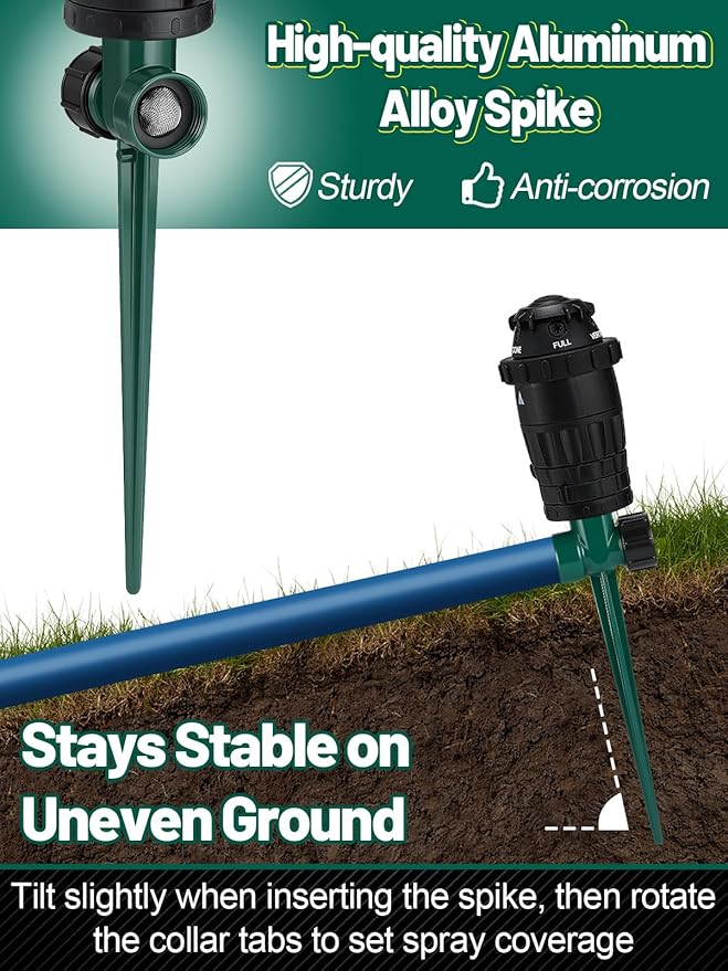 Sturdy Aluminum Alloy Spike Sprinklers for Yard - Adjustable Spray Coverage & 5 Spray Patterns Lawn Sprinkler, Efficient Irrigation System for Medium Garden Uneven Ground