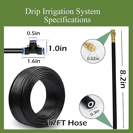 360° Adjustable Drip Irrigation System - 17FT Garden Watering System with 5 Nozzles, Garden Irrigation System, Greenhouse Accessories, Atomizing System for Yard, Lawn, Plants, 5/16 inch Hose