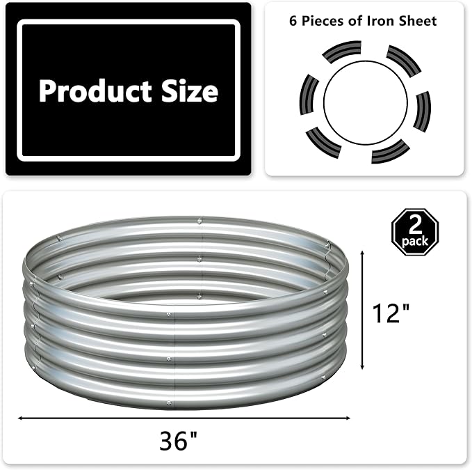 Foxlang 3x3x1ft(2 Pack) Galvanized Round Raised Garden Bed,Outdoor Planter Box Metal Patio Kit Planting Bed for Vegetables Flowers Herb,Silver