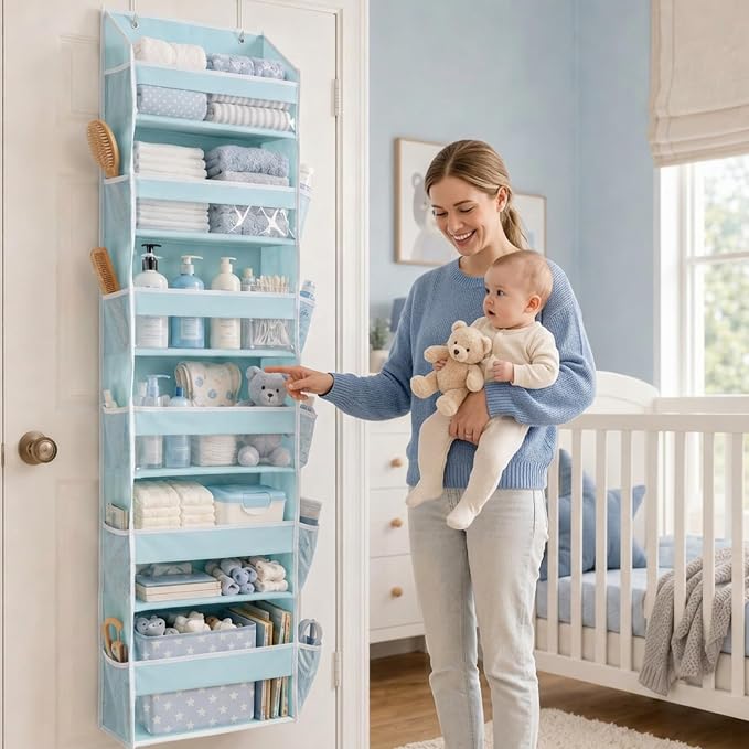 HOMELUX THEORY Over the Door Organizer, 6-Tier, 100D Fabric, Baby Blue 1pc | Over the door shoe organizer, 50 lbs capacity, 12 side mesh pockets, 100D extra thick fabric, Closet & entryway storage