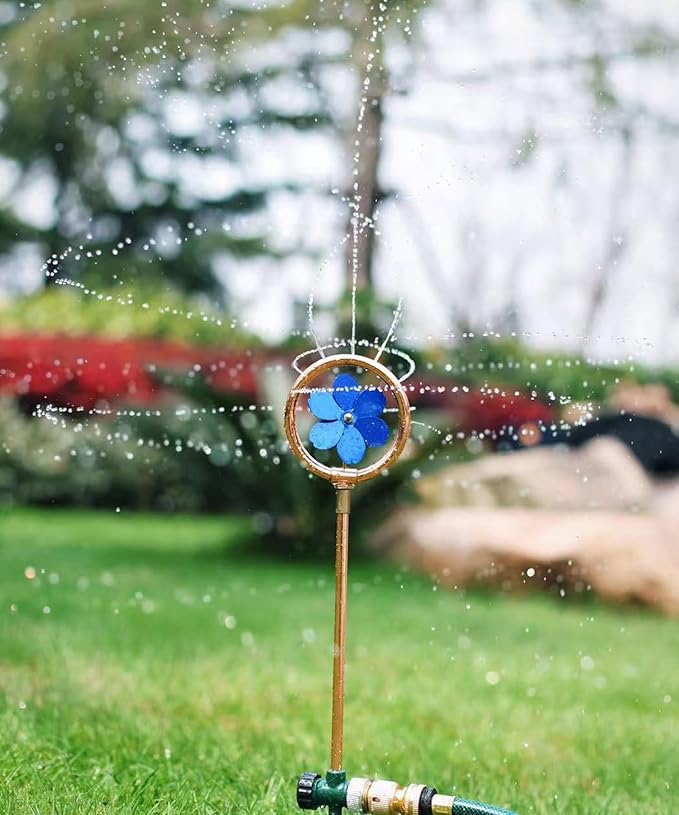 Metal Flower Sprinkler Head,Dual-Purpose Garden Decor & 360° Lawn Irrigation System,22-Inch Coverage Diameter (Copper/Blue)