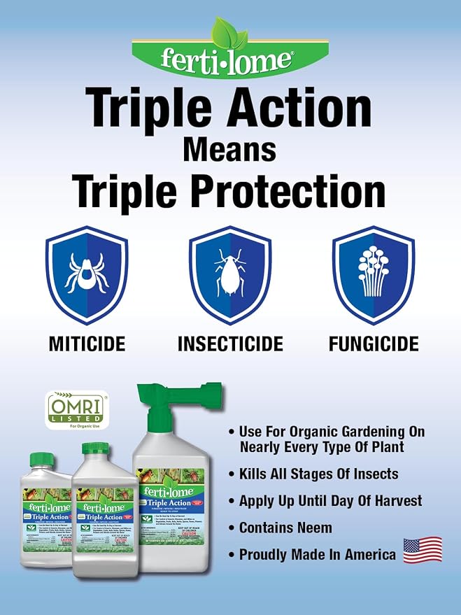 Fertilome (10251) Triple Action Plus Insecticide Fungicide, 32 oz | Pyrethrin + neem oil concentrate - Controls insects, mites & fungal disease - Home fruit & veggie gardeners
