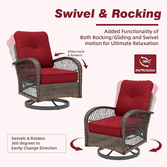 MELLCOM 3 Pieces Patio Furniture Set, Outdoor Swivel Rocker Patio Chairs, Wicker Patio Bistro Set with Rocking Chair, Thickened Cushions and Glass Coffee Table for Backyard, Garden, Wine Red