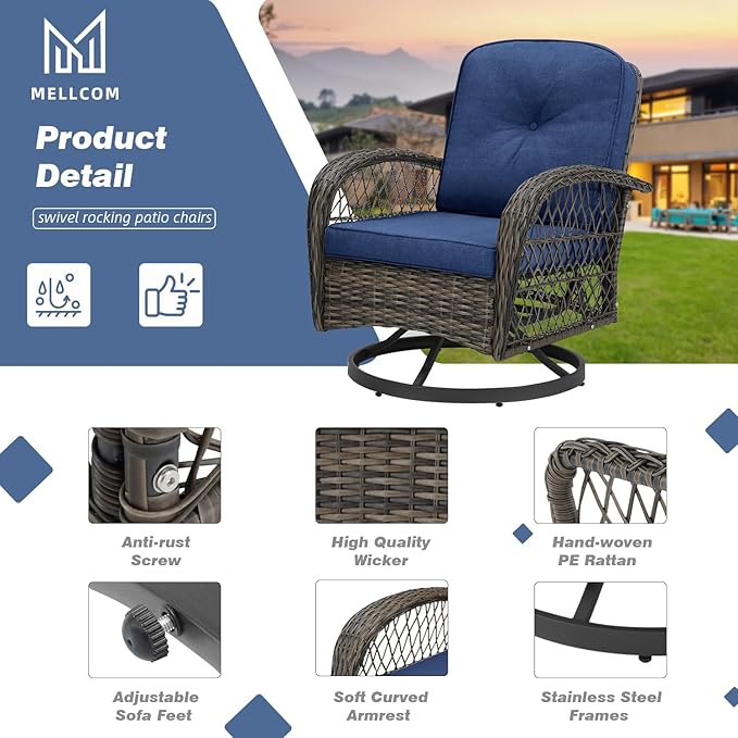 MELLCOM 5 Pieces Patio Furniture Set, Outdoor Swivel Rocker Patio Chairs with Ottomans, Wicker Conversation Set with Rocking Chairs and Glass Coffee Table for Backyard, Navy Blue
