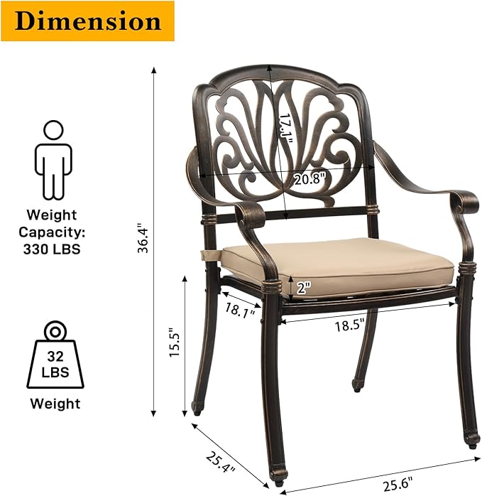 VINGLI Patio Chairs Set of 2- Cast Aluminum Outdoor Dining Chairs with Cushion, Metal Armchairs for Poolside, Backyard, Balcony (2, Elizabeth Back with Cushion)