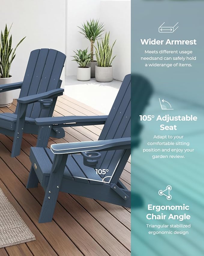 Folding Adirondack Chair 2 Pack, HDPE All-Weather Fire Pit Chairs, Plastic Adirondack Chairs with 2 Cup Holder, Outdoor Lawn Chair for Patio Garden (New Blue)