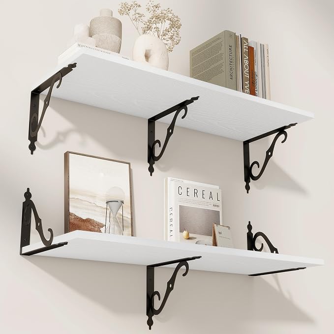 RICHFOCUS 12 Inch Deep Floating Shelves for Wall, 31.5" W x 12" D Wood Wall Shelves Set of 2, Wide Floating Shelves for Living Room, Bedroom, Kitchen, Bathroom and Decor Storage, White