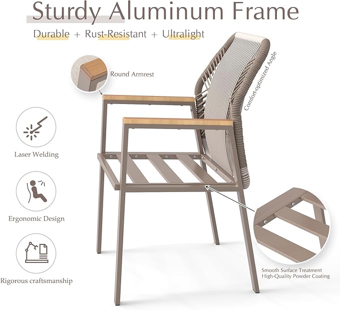 Aluminum Outdoor Patio Dining Chairs - Imitation Rope Vine Chair Ergonomic Backrest Design Detachable Seat Cushion Soft and Breathable Garden Porch Light Brown Set of 2