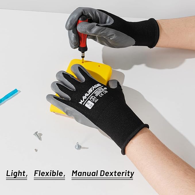 MANUSAGE Safety Work Gloves - Protective Glove for Men & Women - Ultrathin Hand Protection - For Construction, Gardening, Landscaping - Black - Size L - 6 Pairs