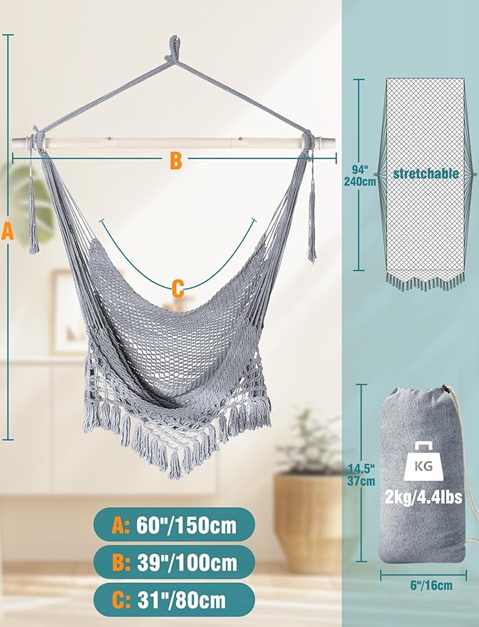 Chihee Hammock Chair Handmade Hanging Chair Cotton Rope Woven Hanging Seat Soft-Spun Large Stretch Hammock Swing, Collapsible Strong Metal Spreader Bar Elegant Macrame Comfort Indoor Outdoor Garden