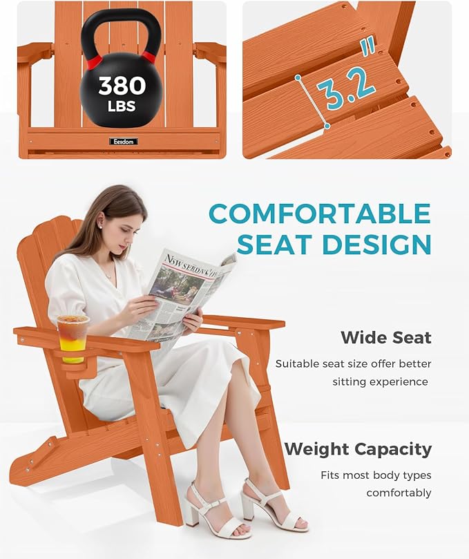 Adirondack Chairs Set of 2, HDPE Material Fire Pit Chairs, Plastic Adirondack Chairs with 2 Cup Holder, Outdoor Lawn Chair for Patio Garden, Orange