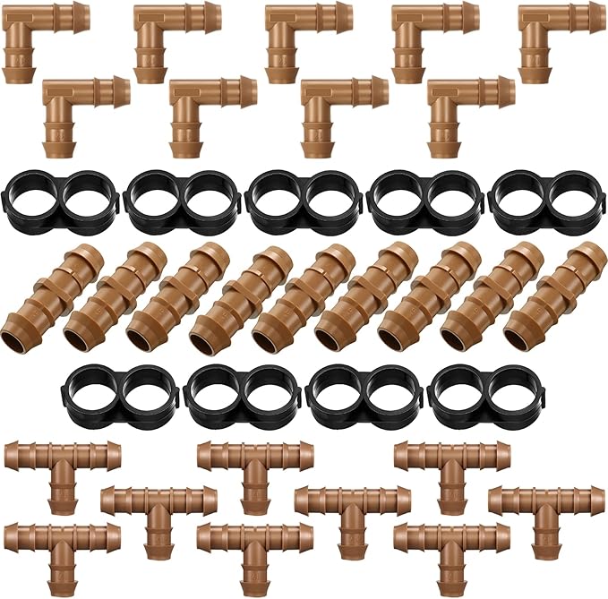 Outus Irrigation Tubing Fittings Drip Irrigation Parts Kit 1/2 Inch Tubing Fitting Set 36 Pieces Includes 9 Tees 9 Couplings 9 Elbows 9 End Cap Plugs Drip Barbed Connector for Sprinkler Systems Garden