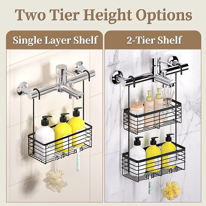 DELLAN 2-Tier Shower Hanging Caddy, Shower Rack with Hooks, Black