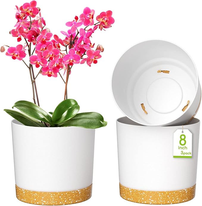 ZMTECH Spring Planters for Indoor Plants, Plant Pots & Flower Pots, Plastic Planter 3 Pack 8 Inch Self Watering with Drainage Hole and Saucer, Modern Decorative Indoor Outdoor, White