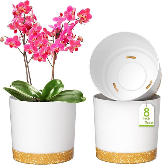 ZMTECH Spring Planters for Indoor Plants, Plant Pots & Flower Pots, Plastic Planter 3 Pack 8 Inch Self Watering with Drainage Hole and Saucer, Modern Decorative Indoor Outdoor, White