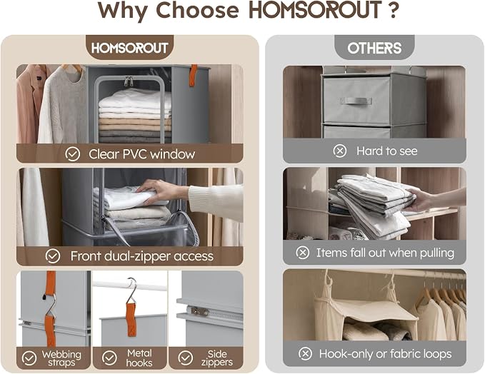 Homsorout 6-Tier Modular Hanging Closet Organizer Shelves, Grey