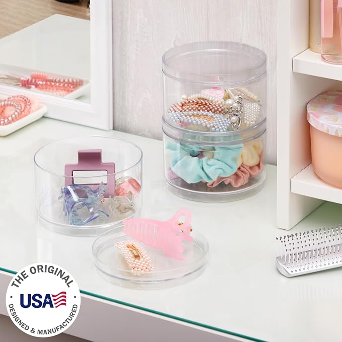 STORi Bella Stackable Clear Plastic Container (Set of 3) Round Vanity Storage Organizers with Lids for Hair Accessories & Beauty Supplies | Made in USA