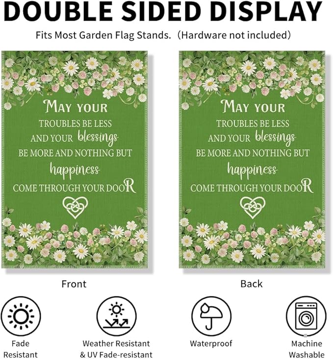 May Your Troubles Be Less and Your Blessings Be More Funny Garden Flag for Outside, Inspirational Irish Blessing Yard Banner, Green Floral Spring Welcome Farmhouse Home Holiday Outdoor Decor