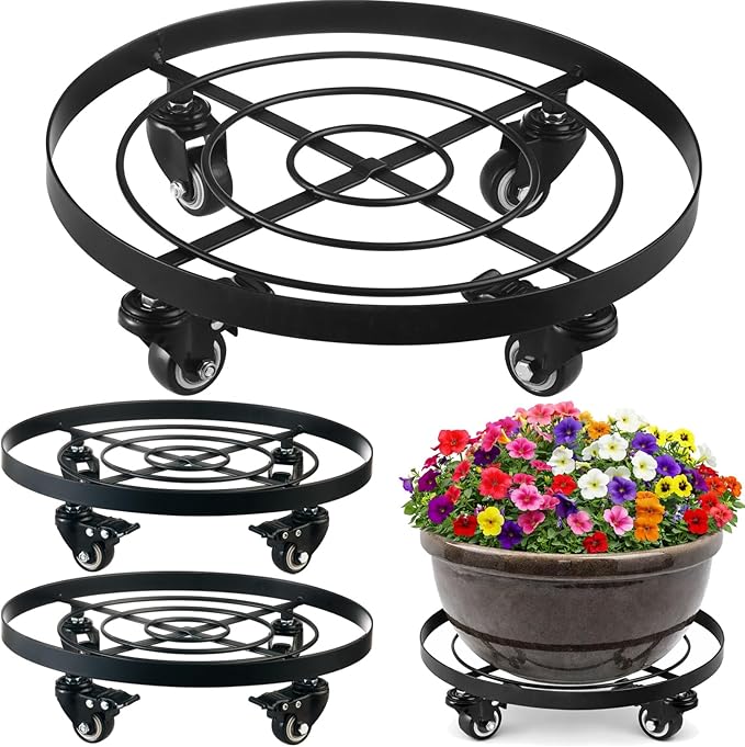 Planterhoma 3 Packs Extra-large 15 Inch Metal Plant Caddy Plant Dolly with Wheels Heavy-Duty Wrought Iron Rolling Plant Stand with Casters for Indoor and Outdoor Plant Pot Rollers Black