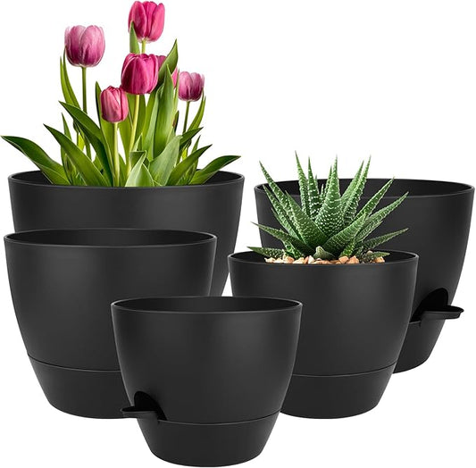 QRRICA Plant Pots 10/9/8/7.5/7 Inch Self Watering Pots, Set of 5 Plastic Planters with Drainage Holes and Saucers,Plastic Flower Pots,Nursery Planting Pot for Indoor Out Door Plants(All Black)
