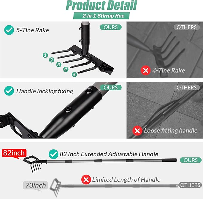 Suchtale 82 Inch Action Rake Hoe, 5-Tines Cultivator, Adjustable 37-82" Handle, Garden Weeding & Planting
