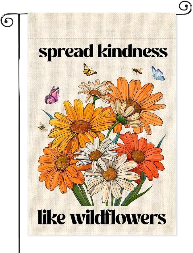 Spread Kindness Like Wildflowers Garden Flag, Double Sided Home Farmhouse Outdoor Decor Banner, Native Pollinator Friendly Gifts For Nature Lover, Funny Housewarming Gifts For Family Firend