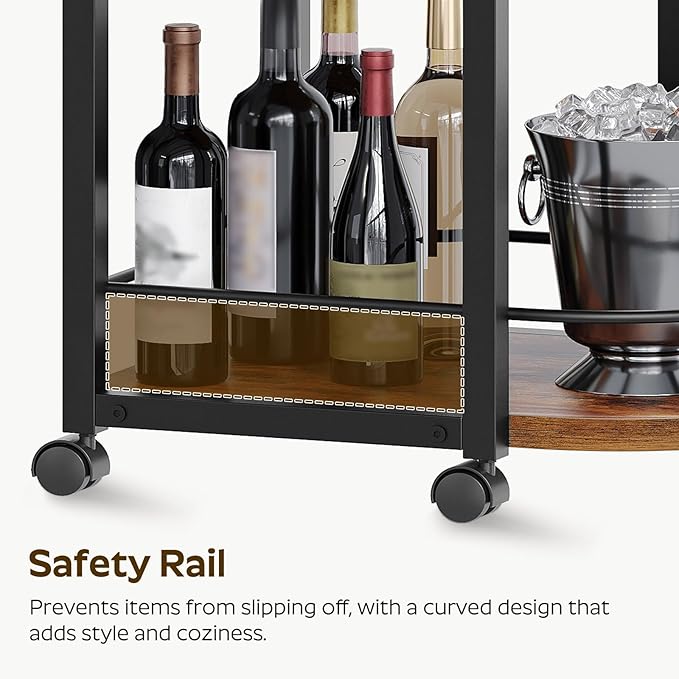 YATINEY 3-Tier Bar Cart, Home Bar Serving Cart with Fence and Wheels, for Dining Room, Living Room, Garden, Party, Rustic Brown and Black BC06BR