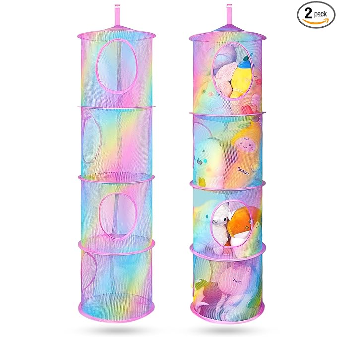Basumee Hanging Stuffed Animals Storage, 2 Pack Mesh Plush Storage, 4-Tier