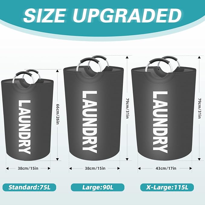 115L Large Laundry Basket, Dirty Clothes Waterproof Laundry Hamper, Grey | Collapsible Laundry Basket with Foam Protected Aluminum Handles for Laundry Dorm Family, Black Dirty Clothes Hamper