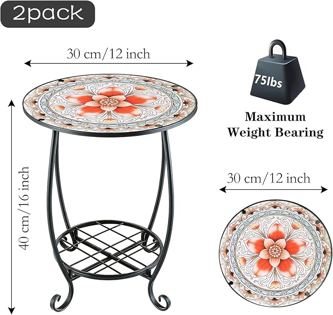 Arbuxzuy 2pcs Small Outdoor Side Table with Colorful Flowers, Glass Mosaic Patio Table Indoor, Round Plant Coffee Table for Living Room, Balcony, Garden（Pink Flowers Style）