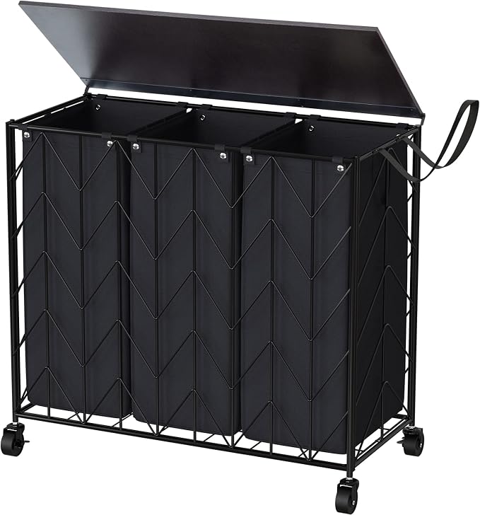 WOWLIVE Laundry Hamper 3 Section with Lid, 142L Laundry Basket with Wheels | Rolling Dirty Clothes Hamper with Removable Bags, Large Iron-Made Laundry Basket Organizer Laundry Sorter for Dorm, Black