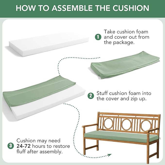 Outdoor Bench Cushion: Waterproof and Fade Resistant Patio Furniture Cushions - Non-slip Bench Pad Cushion with Removable Cover for Garden Swing Porch Sofa Settee, 48 x 18 x 3 Inch, Sage Green