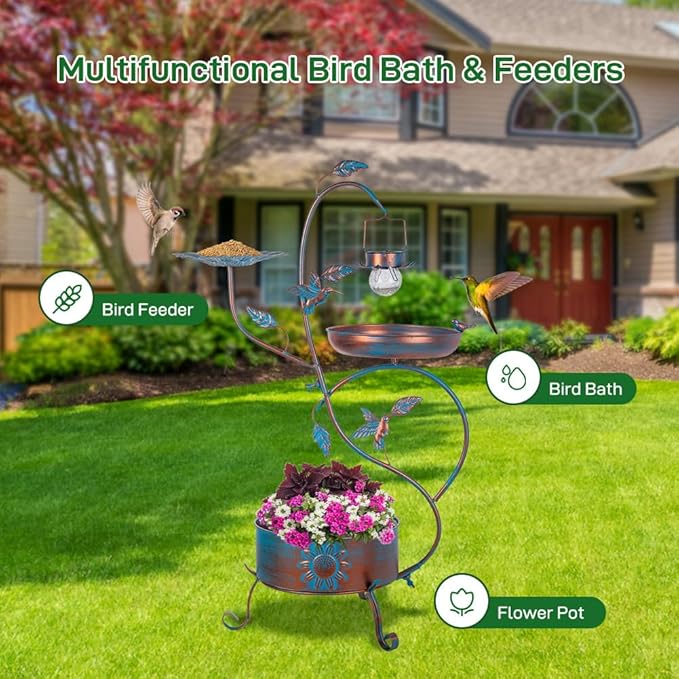 dreamysoul Metal Bird Bath for Outside, Birdbaths Outdoors with Planter and Feeder, Garden Blue Bird Baths with Solar Lights