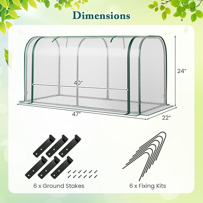 Mini Greenhouse, 47" x 22" x 24" Portable Greenhouse with Roll-Up Door, Ground Stakes, Metal Frame, Waterproof & Sun-Protective PE Cover, Small Green House for Outdoors & Indoors (White)