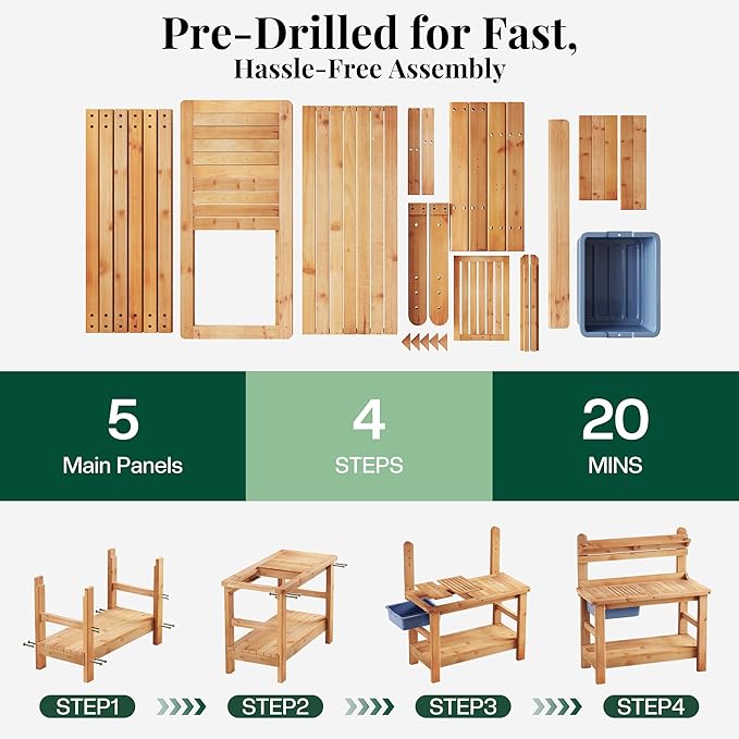 Jocisland Solid Fir Wood Outdoor Potting Bench Table with Large Tabletop, Heavy-Duty Garden Workstation with Removable Plastic Bin, Multi-Level Storage Shelf, Easy Assembly for Patio, Yard & Gardening
