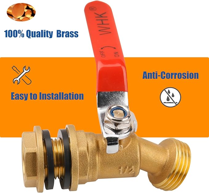 WHK Rain Barrel Spigot Kit-Water Bucket Spigot Faucets-Water Spicket Water Spout Spigot for 5/50/55 Gallon Bucket for Rain Barrel Water Container WaterTank,1/4 Turn with Long Handle(Brass)