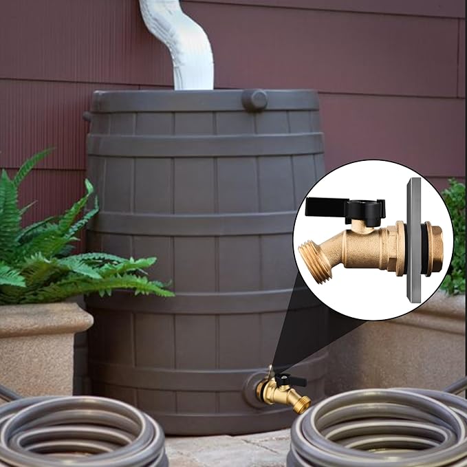 Rain Barrel Spigot Kit 3/4" GHT Slid Brass Water Barrel Spigot,Leakproof Garden Hose Connector Bulkhead Fitting with Drain Valve for Buckets and Rain Barrels DIY Kit