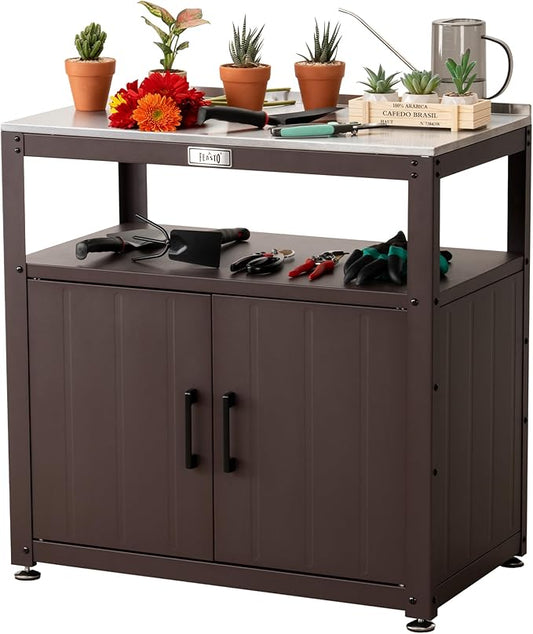 Feasto Garden Potting Bench with Storage, Outdoor Potting Table & Garden Work Bench for Plants, Horticulture, Outdoor Potting Station with Stainless Steel Tabletop, Outdoor Work Table