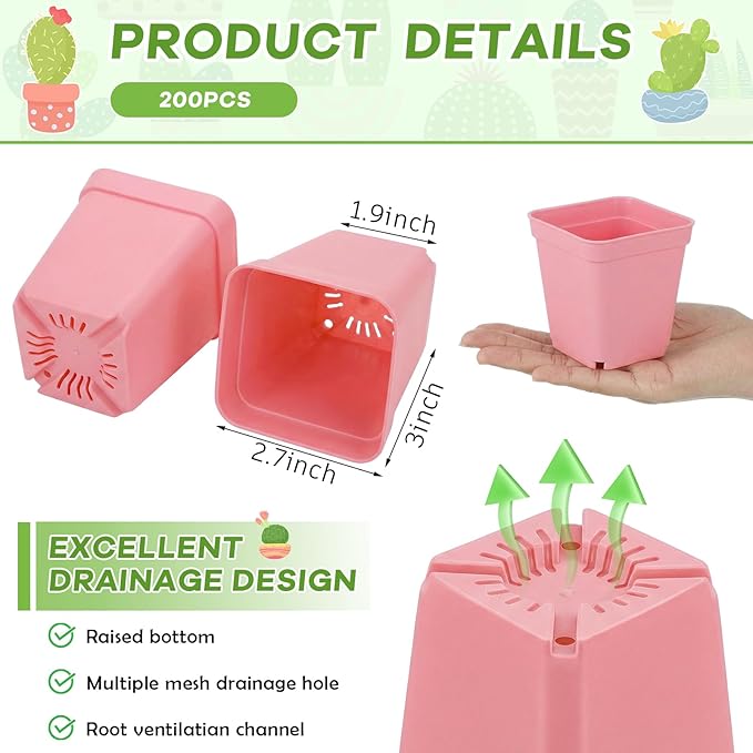Yaomiao 200 Pack 3 Inch Pink Nursery Pot Square Flower Pots Plastic Plant Succulent Planter Seed Starting Pots with Drainage Holes for Garden Office Balcony Decor Indoor Outdoor Plant Seedling