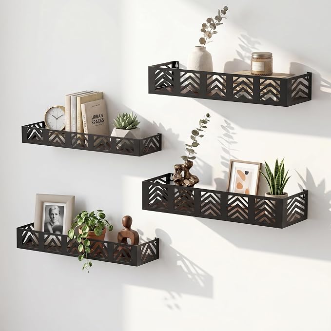 Floating Shelves Set of 4, Home Metal Wood Shelf, Black
